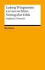 Text: "Ludwig Wittgenstein Lecture on Ethics Vortrag über Ethik Englisch/Deutsch Reclam". Gelbes Buchcover mit schwarzem und weißem Bereich.