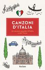 "Canzoni d'Italia" und "52 canzoni popolari d'Italia e del Ticino" in einem roten Kasten. Illustration mit Musiknoten, Herz, Gondel.