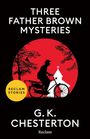 "THREE FATHER BROWN MYSTERIES" in Weiß auf Schwarz, mit einem roten Kreis. Silhouette eines Radfahrers vor einer Kirche.