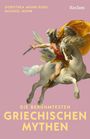 "Die berühmtesten griechischen Mythen." Illustration von Pegasus, auf rosafarbenem Hintergrund.
