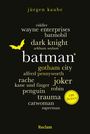 "batman" groß, umgeben von Begriffen wie "gotham city", "joker", "trauma". Ein gelbes Fledermaus-Symbol links.
