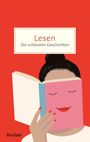 Text in der Mitte: „Lesen - Die schönsten Geschichten.“ Illustration: Eine Person liest ein Buch mit rosa Cover.