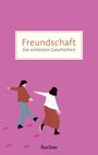 Text: "Freundschaft - Die schönsten Geschichten". Illustration: Zwei Personen, die auf lila Hintergrund tanzen.