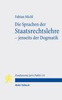 Text: "Fabian Michl, Die Sprachen der Staatsrechtslehre – jenseits der Dogmatik, Fundamenta Juris Publici 14, Mohr Siebeck." Ein gelbes Logo eines Löwen.