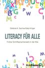 "Literacy für alle: Früher Schriftspracherwerb in der Kita." Bunte, gezeichnete Buchstaben im Hintergrund.