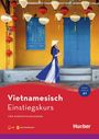 "Vietnamesisch Einstiegskurs für Kurzentschlossene, führt zu A1, App, MP3-Download, Hueber. Frau in blauem Kleid vor gelber Wand."