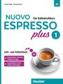 "NUOVO ESPRESSO plus 1," ein Italienischkursbuch, Lehr- und Arbeitsbuch, mit interaktiver Version und Übungen. Bild einer Espresso-Tasse.