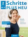 Text: "Schritte Plus Neu 2 A1.2", "Aktualisierte Ausgabe", "Kurs- und Arbeitsbuch". Frau mit Kopfhörern und Smartphone.