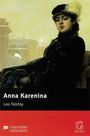 Buchcover mit Text: "Anna Karenina, Leo Tolstoy". Illustration: Frau in dunkler Kleidung und Hut mit Stadt im Hintergrund.