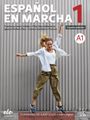 "ESPAÑOL EN MARCHA 1, Cuarta edición, A1." Eine Frau springt, fröhlich, vor einem grauen Hintergrund.