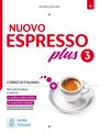 "NUOVO ESPRESSO plus 3, CORSO DI ITALIANO." Ein weißes Logo mit einer Espresso-Tasse auf einem Unterteller.