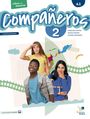 "Libro del alumno", "Compañeros 2", "cuarta edición", "A2", "Con licencia digital". Drei Jugendliche, Karte im Hintergrund.