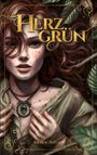 „Herz: Grün“ steht in großen goldenen Buchstaben. Eine Frau mit roten Haaren hält ein grünes Amulett.