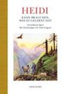 HEIDI. KANN BRAUCHEN, WAS ES GELERNT HAT. Von Johanna Spyri. Illustration: Berglandschaft mit Menschen und Ziegen.