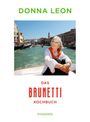  Texte: "Donna Leon", "Das Brunetti Kochbuch", "Diogenes". Eine Frau sitzt auf einem Boot in einem Kanal mit historischen Gebäuden.