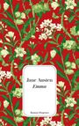 "Jane Austen, Emma. Roman·Diogenes." Roter Hintergrund mit grün-weißem floralem Muster.