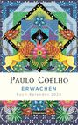 "PAULO COELHO, ERWACHEN, Buch-Kalender 2028." Zwei Löwen und bunte Blumenmuster, lebendige Farben, geometrisches Design.