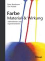 Text: "Farbe Material & Wirkung wahrnehmen und experimentieren." Farben: Blau, Rot, Gelb fließen vertikal von oben.
