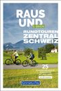 "Raus und E-Biken" text; 2 Radfahrer; Bergkulisse; grüne Wiesen; Kirche; "Kümmerly+Frey" Logo.