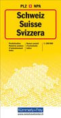 Text oben: "PLZ NPA". In der Mitte "Schweiz Suisse Svizzera". Unten gelbe Zahlen und blaues Logo von "Kümmerly + Frey".