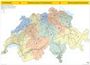 Postleitzahlen der Schweiz. Bunte Karte mit nummerierten Regionen von 1 bis 9. Markiert durch kantonale Umrisse.