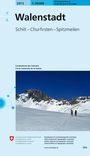 "Walenstadt: Schilt - Churfirsten - Spitzmeilen. Schneesportkarte. Verschneite Berglandschaft mit Skitourengängern."