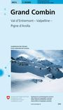 "Grand Combin, Val d’Entremont – Valpelline – Pigne d’Arolla. Landkarte der Schweiz. Schneesportkarte." Darunter schneebedeckte Berglandschaft. 
