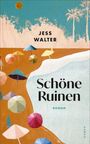 „Jess Walter, Schöne Ruinen, Roman“. Illustration eines Strands mit bunten Sonnenschirmen und Palmen im Hintergrund.