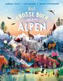 "Das grosse Buch der Alpen" steht oben. Darstellung einer alpinen Landschaft mit Tieren, Wandern, Seilbahn und Dörfern.