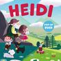 "Heidi", "Pop-up Buch". Illustration: Kinder, Ziegen und ein älterer Mann in bergiger Landschaft mit Axt auf Baumstumpf.
