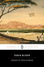 "Tania Blixen, Jenseits von Afrika, Penguin Klassiker" auf einem Illustrationscover mit Landschaft und fliegendem Flugzeug.