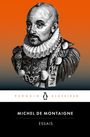 "MICHEL DE MONTAIGNE ESSAIS", Illustration mit orange-schwarzem Hintergrund und einem Penguin-Logo darunter.
