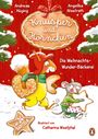 "Knusper und Hörnchen", Illustration: Ein Eichhörnchen und eine Maus tragen Plätzchen im Schnee, weihnachtlich dekoriert.