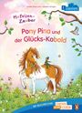 „Pony Pina und der Glücks-Kobold“. Ein Pony mit Kleeblatt im Maul, ein Kobold auf seinem Rücken, umgeben von Blumen.
