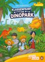 „Klassenfahrt zum Dinopark“, vier Kinder im Dschungel, große Dinosaurier und Palmen, bunte, freundliche Illustration.