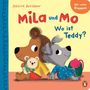 „Mila und Mo: Wo ist Teddy?“ Oben links: Rosalind Beardshaw. Illustration von zwei Tieren mit Teddybär und Rucksack.