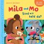 Ein Kinderbuch-Cover: "Mila und Mo. Sind wir bald da?" Zwei fröhliche Tiere in Kindersitzen.