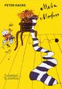 Texte: "PETER HACKS", "Meta Morfoss". Bild zeigt zwei Kinder und langen, gestreiften Strumpf auf einem gelben Boden.