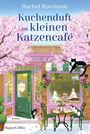 „Kuchenduft im kleinen Katzencafé“, Rachel Rowlands. Illustration: Blühende Bäume, Katzen, Café mit Torten im Fenster.