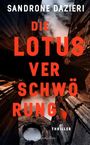 Text: "DIE LOTUSVERSCHWÖRUNG". Oben Gebäude mit rotem Licht und dunklem Himmel im Hintergrund. Genre: Thriller.