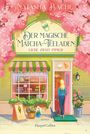 Der magische Matcha-Teeladen. Liebe zieht immer. Eine Frau in blauer Kleidung betritt einen Laden, begleitet von einer Katze. Rosa Blüten.