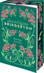 "Julia Quinn Bridgerton: Penelope & Colin. HarperCollins." Ein grünes Cover mit rosa Blumen und verschnörkelten Mustern.