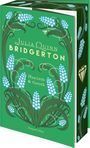 "Julia Quinn, Bridgerton, Hyacinth & Gareth, HarperCollins." Ein grünes Buch mit floralen Mustern und blauen Blumen.