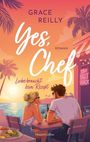 „Yes, Chef“: Ein Paar sitzt an einem Tisch mit Essen, Meerblick und Palmen, Sonnenuntergang im Hintergrund.