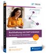 "Buchhaltung mit SAP S/4HANA: Der Grundkurs für Anwender. Logo von SAP PRESS. Frau am Laptop. Schritte 1, 2, 3 erklärt."