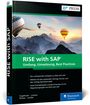 "RISE with SAP: Umfang, Umsetzung, Best Practices." Heißluftballons über Berglandschaft bei Sonnenaufgang. Logo von Rheinwerk Publishing.