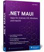 .NET MAUI: Apps für Android, iOS, Windows und macOS. Lila Buchcover mit geometrischen Mustern und Logo unten rechts.