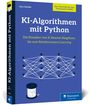 Titel: "KI-Algorithmen mit Python". Untertitel: "Die Klassiker von K-Nearest Neighbors bis zum Reinforcement Learning". Illustration: Vernetzte Punkte auf blauem Hintergrund, mit einer Nähspule darunter.