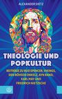 Titel: THEOLOGIE UND POPKULTUR. Buntes Porträt im Mosaikstil, blauer Hintergrund mit Strahlen.