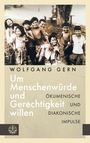 "Um Menschenwürde und Gerechtigkeit willen" von Wolfgang Gern. Kinder lachen und umarmen sich in Schwarz-Weiß. Logo unten links.